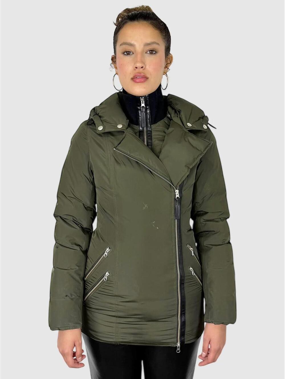 Mackage Down Puffer Jacket Coat Womens XSOlive Green Asymmetric Zip Modern City